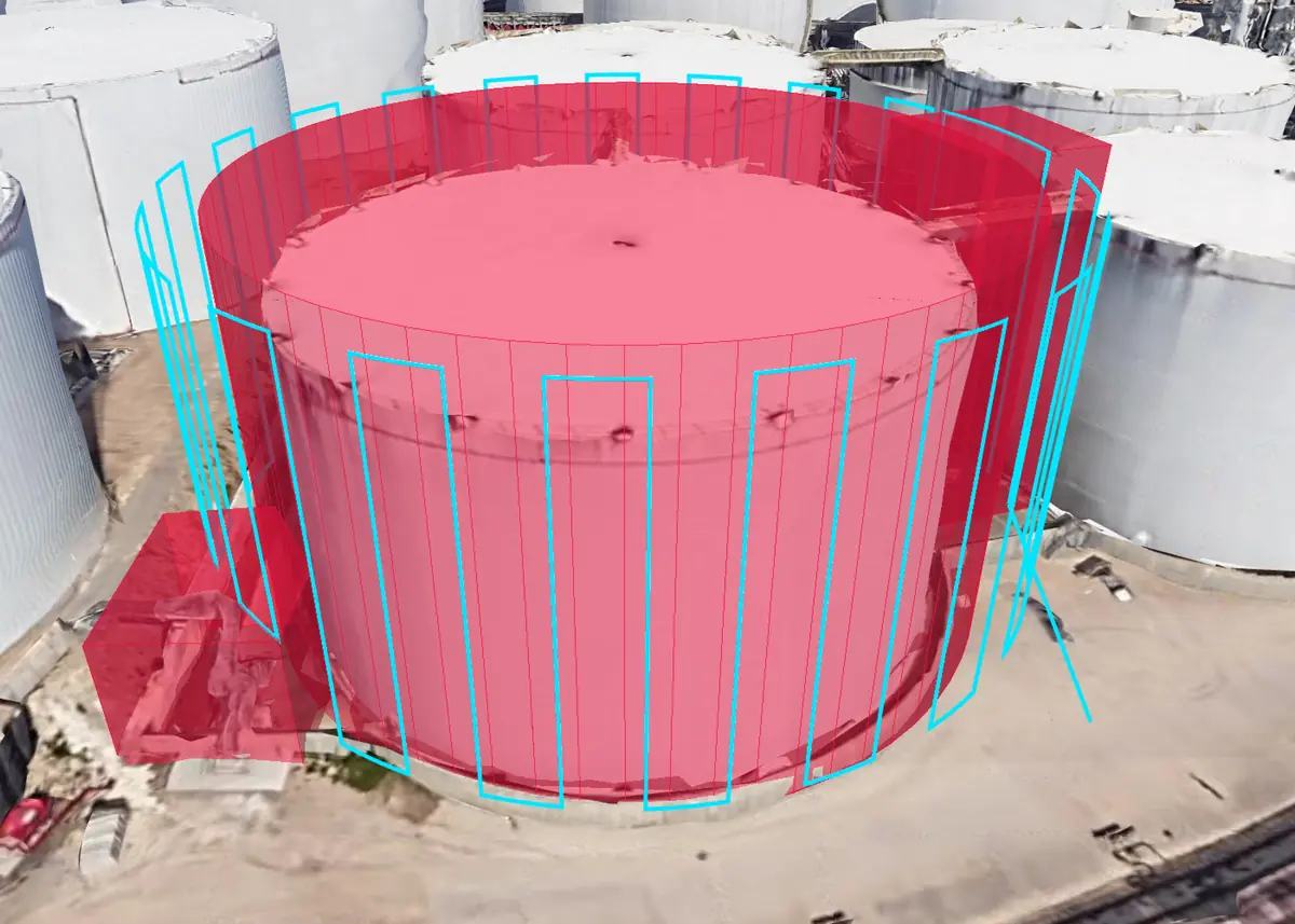 3D preview of the same mission: vertical columns flown around the tank, clear of the red restriction zones