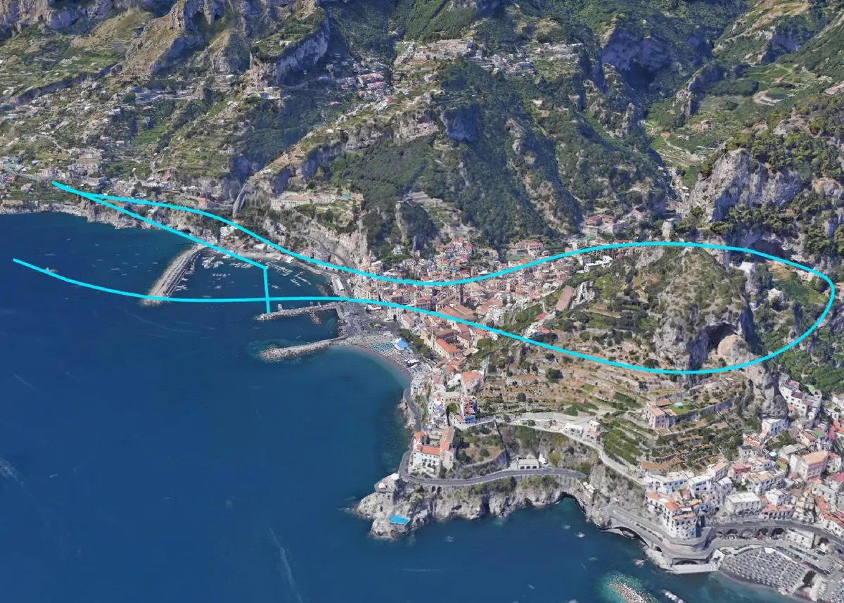 3D preview of the same waypoint path along the coastal town, between the sea and the cliffs
