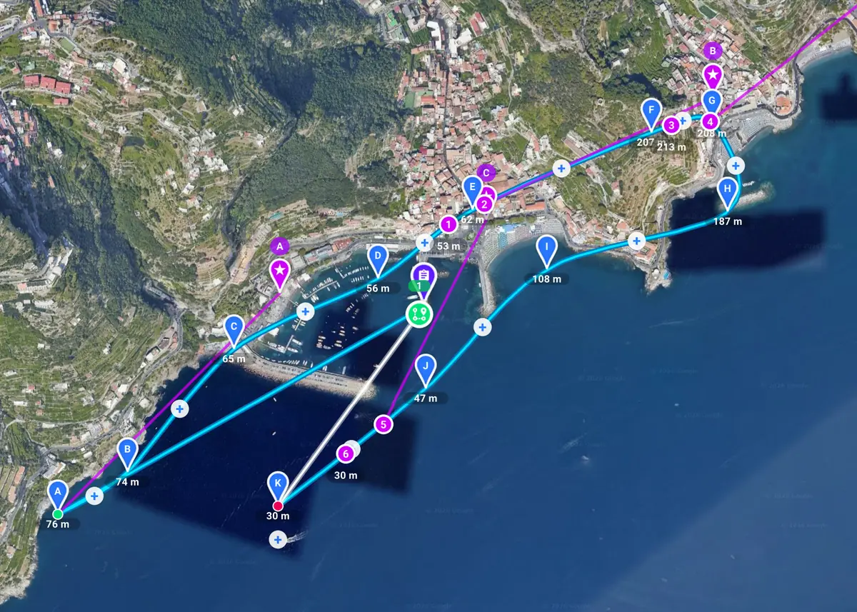 Waypoint path planned along a coastal town and its harbor, with points of interest and waypoint actions marked