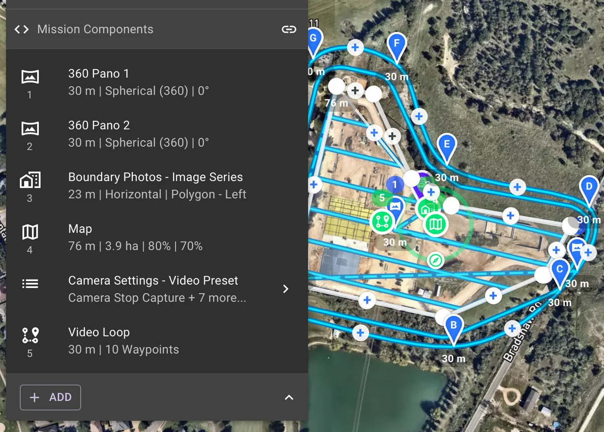 Construction site mission with linked components and drone settings being adjusted
