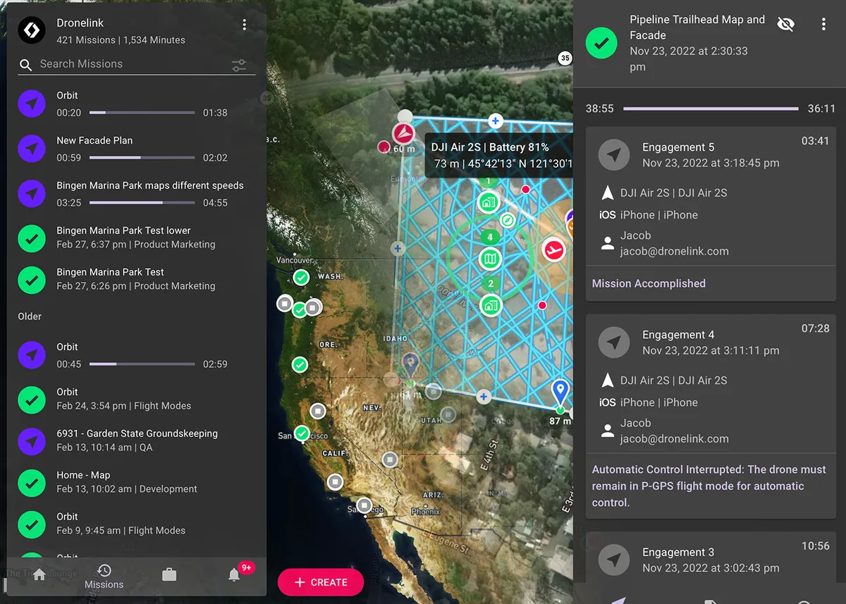 Mission plan and flight management dashboard in the Dronelink web app